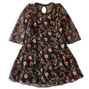 Vesture Group Women Mini Dress XS Black Floral Embroidery A-Line Lace 3/4 Sleeve